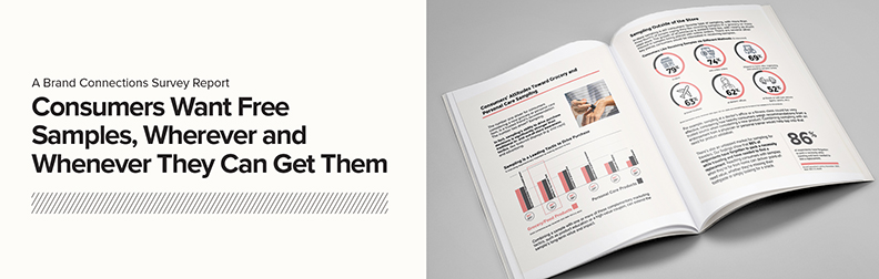 Mock-up Text reading, "A Brand Connections Survey Report - Consumers want free samples, wherever and whenever they can get them." Photo of a print survey report.